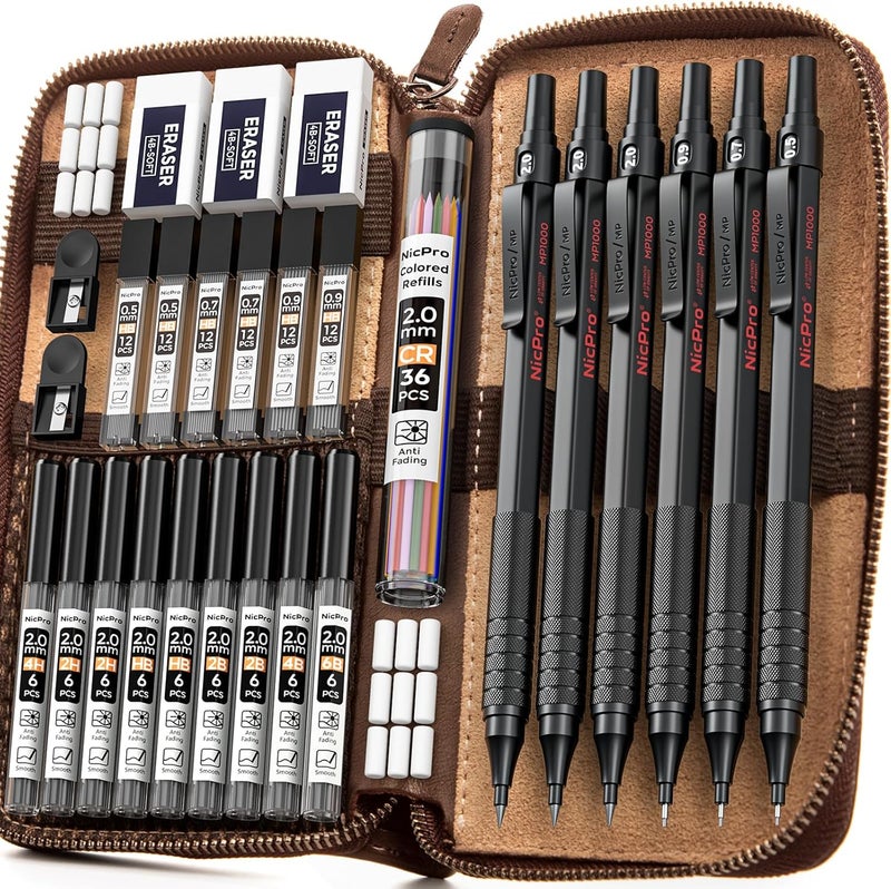 Nicpro 30PCS Black Metal Mechanical Pencil Set in Leather Case, Art Drafting Pencil 0.5, 0.7, 0.9 mm, 2mm Lead Pencil Holders for Sketching Drawing With 16 Tube (6B 4B 2B HB 2H 4H Colors)Lead Refills - Image 1